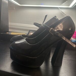 Patent Black Platform Mary Jane Pumps with Buckle Strap
